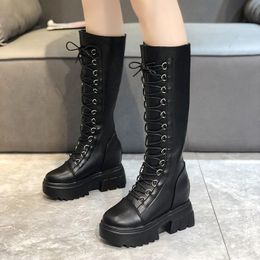 Winter Boots Women Knee High Long Boot Split Leather Fashion Lace-Up Non-slip Black Shoes Woman Botas Mujer