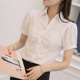 Korean Chiffon Women Shirts Office Lady White V-neck Basic Woman Blouses Plus Size Blusas Mujer De Moda 210531
