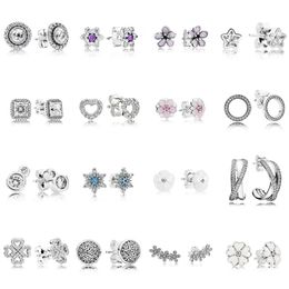 2021 NEW 100% 925 Sterling Silver 290597CZ Studs Earrings Signature Bow Square Drill Love Heart Ear Charm Pandora Beads Fit Original