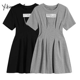 Yitimuceng Chain Dresses Women Summer Mini Folds A-Line O-Neck Short Sleeve Solid Black Grey Fashion Simply Style Dress 210601