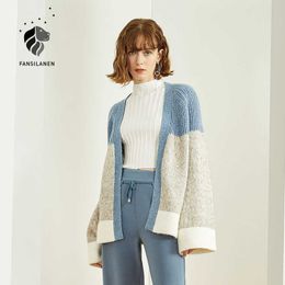 FANSILANEN Contrast white blue short cardigan Women oversized vintage knitted sweater top Female flare sleeve cotton jumper 210607
