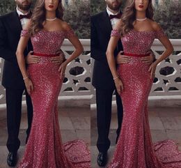 Mermaid Red Sparkly Dresses Off Shoulder Sweep Train Sashes Sequined Formal Dress Evening Prom Party Gowns Vestidos Vestiti Da Sera