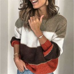 Women TurtleneckStreetwear Knitted Striped Ladies Sweater Elegant Jumper Long Sleeve O-neck Pullover Tops Autumn Sweaters 211123