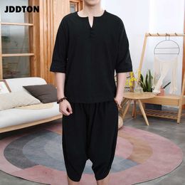 JDDTON New Summer Men Loose Cotton Linen Two-Piece Set Clothing Style Suits Outerwear Fashion Casual Loose Male Retro Suit JE112 X0610