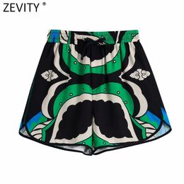Zevity Women Vintage Contrast Tropical Leaves Print Bermuda Shorts Female Chic Lace Up Elastic Waist Pantalone Cortos P1147