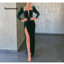 Velour Prom Dresses Long Sleeves 2023 Vestido De Festa Mermaid Side Slit Evening Party Dresses Vestidos De Gala