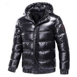 Autumn Men's Coat Windbreaker Fashion Male Cotton Warm Parka Shiny Down Hood Casual Outerwear Thermal Black Bomber Jackets Men 211204