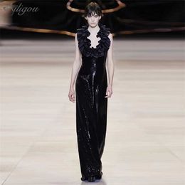 Women'S Elegant Dark Blue Party Dress Sexy Sleeveless V-Neck Ruffle Sequin Luxury Celebrity 210525