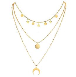 3 Layer Chains Stainless Steel Star Choker For Woman Girls Multilayer Horn Round Disc Moon Tassel Pendant Necklaces G220310