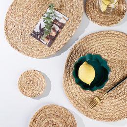 Mats & Pads Japanese-style Hand-woven Straw Table Mat Household Thermal Insulation Anti-scald Tea Cup Round Plate