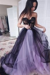 2021 Gothic Dresse Black And Purple Illusion Sweetheart Neckline Lace Up Back Sweep Train Tulle Beach Wedding Gown Vestido De Novia 401 401