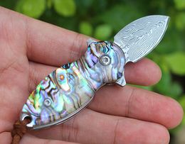 New Damascus EDC Pocket Folding Knife Damascus Steel Spear Point Blade Steesl Sheet + Abalone shell Handle With Aluminium Box