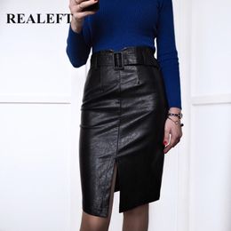 REALEFT Spring PU Leather Skirts Elegant Pencil Midi Skirts High Waist Split Sheath Wrap Skirts with Belt Female New 210309