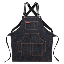 Apron denim Korean fashion men and women pocket barista barber shop painting adult restaurant cooking apron print logo Y200103