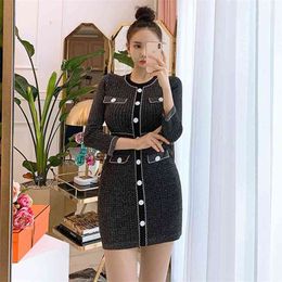 Autumn winter Sweater Dresses Fahsion single-breasted knitting Mini Party Dressed for women Korea Clothing 210602