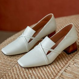Plus size 34-42 womens genuine leather thick med heel slip-on pumps cross strap square toe OL style elegant ladies daily shoes