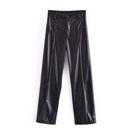 TRAF Women Fashion Artificial Leather Black Straight Pants Retro High Waist Zipper Trousers Streetwear 210915