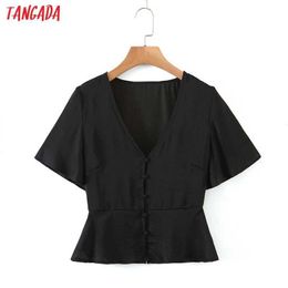 Tangada Women Retro Print Black Tunic Shirt Summer Blouse Buttons Short Sleeve Chic Female Tops 8H49 210609
