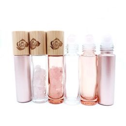 2022 new Storage Bottles & Jars Rose Quartz Roller Bottle Pink Glass Essential Oil Natural Bamboo Lid Pattern Crystal Gemstone 10pcs