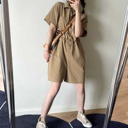 Women Summer Clothes Short Sleeve Playsuit Solid Casual Turn-down Collar Jumpsuit Waist Strap Rompers&Playsuits 210607