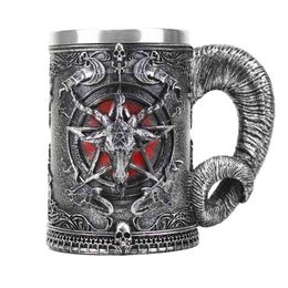 Baphomet Pentagram Horn Mug resin hand painted & polished Retro Mug stainless steel liner Cool Cup Gothic Kitchen Bar Drinkware 210804