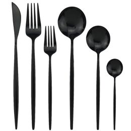 36Pcs Black Tableware Knife Fork Spoon Flatware Mirror Dinnerware 304 Stainless Steel Silverware Kitchen Cutlery Set 201019