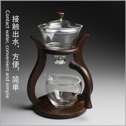 Heat-resistant glass tea set magnetic water diversion rotating cover bowl semi-automatic maker lazy pot Kungfu 210724