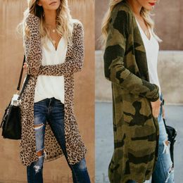 Womens Leopard Camouflage Kimono Cardigan Open Front Boho Camo Long Sleeve Long Maxi Jacket Casual Standard Regular V-neck 210218