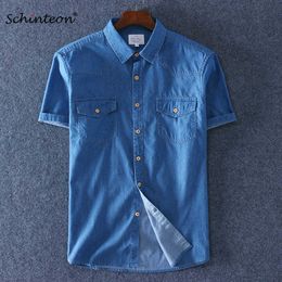 Schinteon Summer 100% Cotton Men Short Sleeve Denim thin Shirt Soft Slim Jeans Plus Size Two Front Pocket 210721