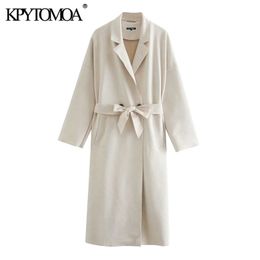 KPYTOMOA Women Fashion With Belt Faux Suede Trench Coat Vintage Long Sleeve Side Pockets Female Outerwear Chic Overcoat 211012
