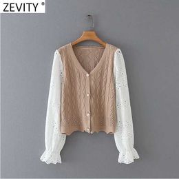 Zevity Women Fashion V Neck Hollow Out Long Sleeve Patchwork Knitting Sweater Lady Basic Cardigans Chic Hem Wave Tops S629 210603