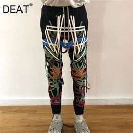 DEAT autumn Elastic Drawstring Cross Full Length Slim Feet High Street Pants Female Trousers And Single Breasted Jacket 201112