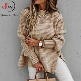 Autumn Winter Women Knitted Sweater Mock Neck Casual Loose Basic Pullovers Warm Elegant Solid Batwing Sleeve Side Split Tops 211018