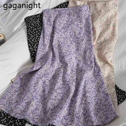 Gaganight Casual Floral Print Summer Chiffon Skirt Women High Waist Midi A-Line Elegant Female Elastic s 210629