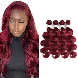 Coloured Brazilian Body Wave Human Hair Bundles Weaving for Women 3/4 PCS Red Burg Extensions