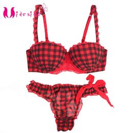 NXY sexy set Mierside Sexy Red Plaid Printed Bra red/purple Colour sexy lingerie with beautiful bow Push Up Women Set B/C 32-38 1127