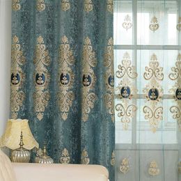 European Style Curtain for Living Room Bedroom Light Luxury Embroidered Chenille Curtain Door Window Drapes Blue Colour 211203