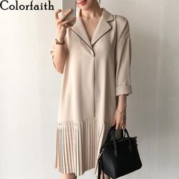 Colorfaith New 2021 Spring Summer Women Shirt Dresses Vintage Patchwork Fashionable Elegant Oversize Pleated Midi Dress DR1406 210303