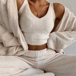 Plush Fluffy Sleeveless Crop Top + Wide Leg Pants Trousers Women Two Pieces Tracksuits Outfits Matching Sets Casual Sweatshirts Y0625