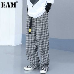 [EAM] High Elastic Waist Black Plaid Long Wide Leg Trousers New Loose Fit Pants Women Fashion Tide Spring Autumn 2021 1DE1330 Q0801