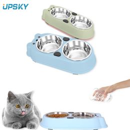 UPSKY Cute Double Dog Cat Bowls With Double Premium Stainless Steel Pet Bowls Non-slip Easy To Clean Dog Cat Food Water Feeder Y200922