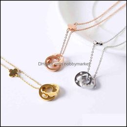 Pendant Necklaces & Pendants Jewellery Korean Double Ring Hollow Out Clover Necklace Female Titanium Steel 18K Gold Simple Buckle Lucky Grass