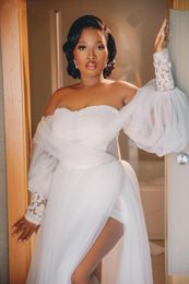 Sexy African Plus Size Wedding Gowns Off Shoulder Long Sleeve High Side Split Pleats Lace Appliques Illusion Bodice Bridal Dresses robes de mariee Custom Made