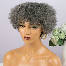 Fasion lady Grey Afro Kinky Curly Human Hair Wigs With Bang Short silver Grey Wig for Black Women None Lace