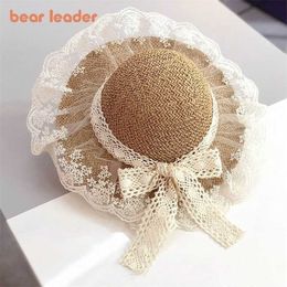 Bear Learder Kids Girls Hats Fashion Summer Lace Flowers Caps Breathable Straw Hat Elegant Sunhat Lovely 211023