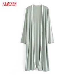 Tangada Women Elegant Green Thin Long Cardigan Vintage Jumper Lady Fashion Oversized Knitted Cardigan Coat 3W163 210609
