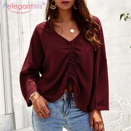 Aelegantmis Lace Up Women Knitted Pullover Sweater Loose Autumn Winter Long Sleeve Oversize Sexy V-Neck Jumper Tops 210607