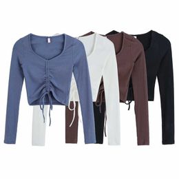 Sweet Women Sexy Solid Shirts Fashion Ladies Knitted Short Tops Elegant Female Chic Draped Drawsting Bow Blouses 210527