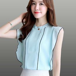 Women's Blouses & Shirts Chiffon Shirt Blouse Summer Sleeveless White Tops Korean Office Lady Ruffled Stand-up Collar Solid Blusas