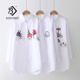 White Shirt Casual Wear Button Up Turn Down Collar Long Sleeve Cotton Blouse Embroidery Feminina T8D427M 220122